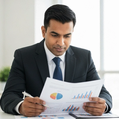 Person studying financial documents with charts and graphs, representing financial literacy