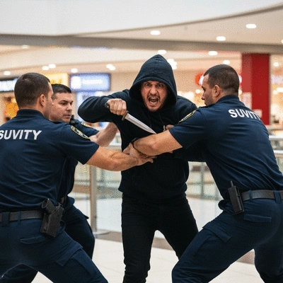 Man with a knife being apprehended by security in a public setting. Focus on the action, no text, no words, no typography, clean image