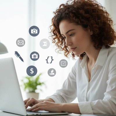 Person using a laptop with various freelancing icons floating around