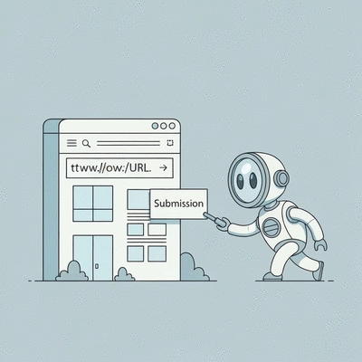 Simplified illustration of a website submitting its URL to a search engine, with bots crawling the site, clean image, no text, no words, no typography