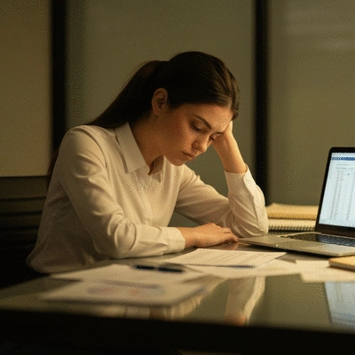 Person looking tired at a desk with blurred documents, representing decreased cognitive function and productivity