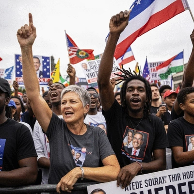 An energetic political rally with a diverse crowd cheering, waving flags, and holding signs, focus on enthusiastic supporters, no text, no words, no typography, 8K