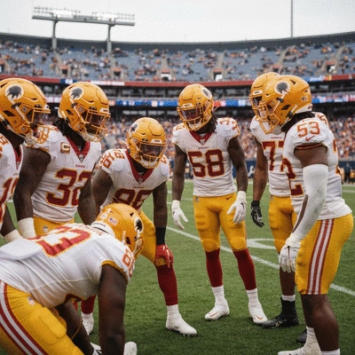 Washington Commanders team huddle on the field