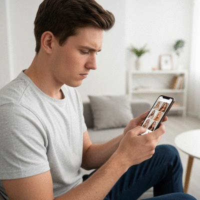 Person scrolling through social media, seeing idealized images and comparing themselves