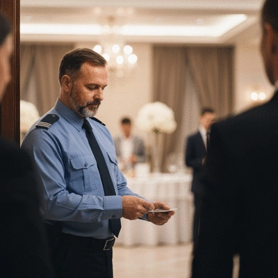 Security guard checking ID at a luxury private event entrance, blurry background with elegant decor, no text, no words, no typography, clean image