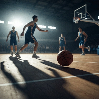 Basketball court during a game, blurred players in background