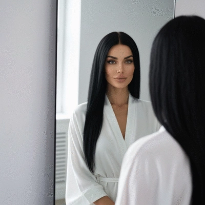 Woman looking in mirror, seeing a confident reflection
