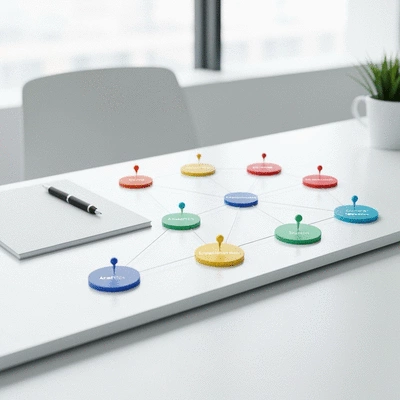 Roadmap with pins and strings connecting growth hacking strategies, no text, no words, no typography, clean image