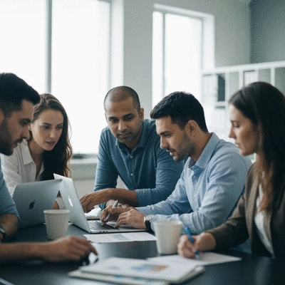 Startup team collaborating on a business plan and pitch deck, modern office environment