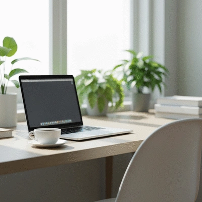 Modern home office setup with laptop, coffee, and plants