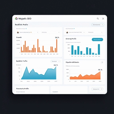 Modern interface of Majestic SEO tool displaying backlink analysis data with charts and metrics