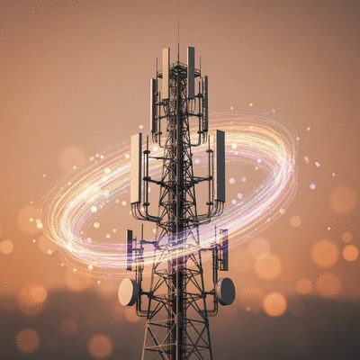 Modern 5G network tower with data streams flowing around it, representing high-speed connectivity