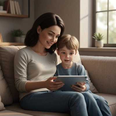 Parent and child discussing YouTube content on a tablet in a living room, cozy, natural light