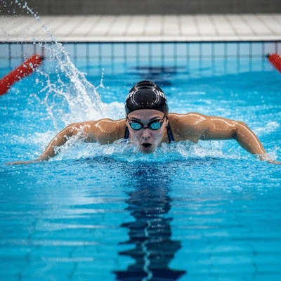 Female swimmer mid-stroke in a pristine pool, water splashing, focused expression