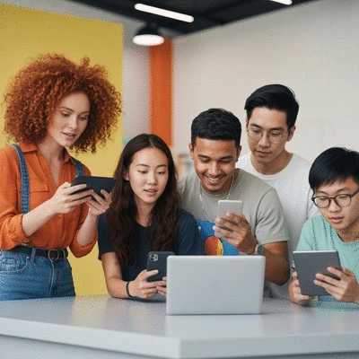 Diverse group of young people engaging with fashion on social media, looking at phones and tablets, bright and modern setting, no text, no words, no typography, clean image, 8K