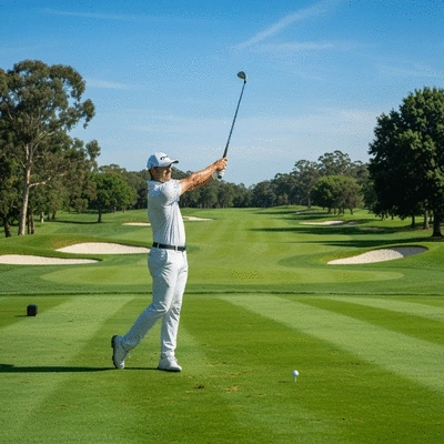 Cody Franke mid-golf swing on a sunny course