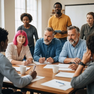 Diverse group of people collaborating on advocacy for inclusive policies, diverse ages and genders, in a community meeting setting, no text, no words, no typography, 8K