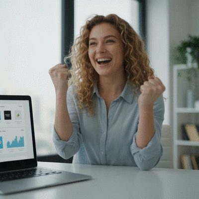 Person celebrating a successful online sale, digital products on a screen in the background