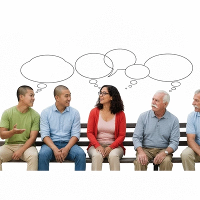Image showing diverse individuals engaging in respectful public discourse, with speech bubbles and thought clouds indicating thoughtful conversation, clean background, no text, no words, no typography, no labels, clean image