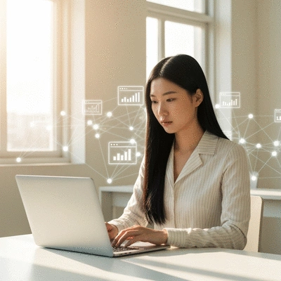 Person researching keywords on a laptop with backlinks diagram