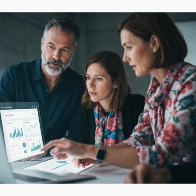Product team analyzing data and metrics on a dashboard, clean image