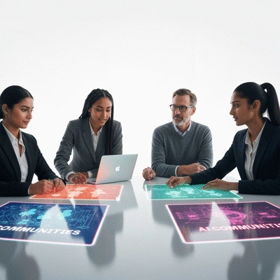 Diverse group of professionals collaborating around a futuristic table with holographic displays, symbolizing AI community engagement and partnerships, clean image, no text, no words, no typography, no labels, 8K
