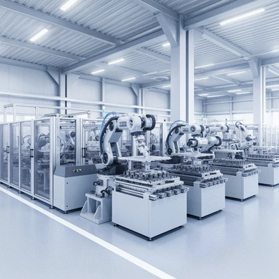 Industrial factory floor with advanced robotics, symbolizing manufacturing and technology sectors
