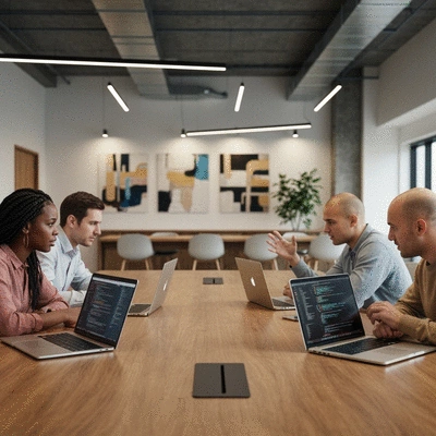 Group of developers collaborating around a table with laptops, discussing code, modern office setting, no text, no words, no typography, 8K