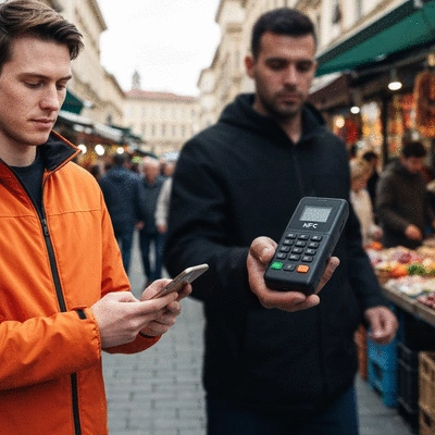 Person using a smartphone for contactless payment, with a shadowy figure subtly holding an NFC skimming device nearby in a crowded public space, no text, no words, no typography, 8K