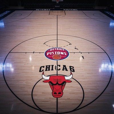 Basketball court with Detroit Pistons and Chicago Bulls logos at center court, dynamic lighting, no text, no words, no typography, no labels, clean image