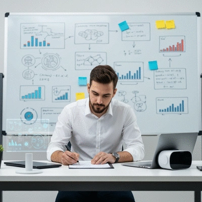 Aspiring AI SaaS entrepreneur working on a business plan, surrounded by modern tech, clean image