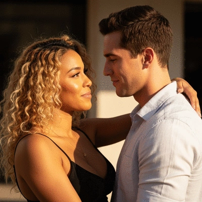 Diverse couple from 90 Day Fiancé: The Other Way, looking at each other, warm lighting, no text, no words, no typography, 8K