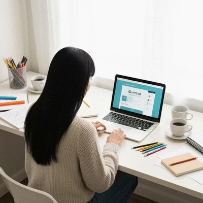 Creator working on a laptop, surrounded by creative tools, with a Gumroad-like interface on screen