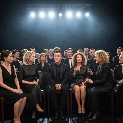 Audience and critics discussing Raw at a film festival, diverse group of people, no text, no words, no typography, clean image