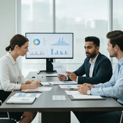 Diverse group of investors discussing strategy around a table