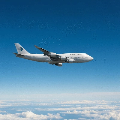 Boeing 747SR aircraft in mid-flight with a clear blue sky background
