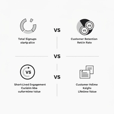 Modern infographic comparing misleading startup metrics to key performance indicators, clean design