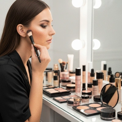 Woman applying full glam makeup with various products on a vanity, soft focus background, no text, no words, no typography, clean image