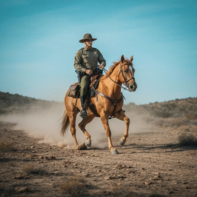 Texas Mounted Border Patrol officer on horseback tracking a suspect in rugged terrain