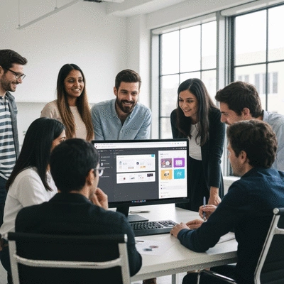 Design team collaborating on a Figma project, diverse group, modern office, no text, no words, no typography, 8K, natural lighting