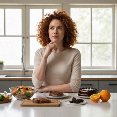 Person thoughtfully considering various food options, some healthy, some less so, with a balanced expression, no text, no words, no typography, clean image