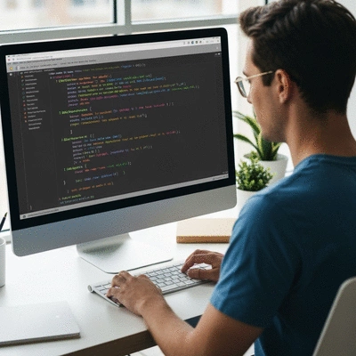 Person using a computer for coding with lines of C++ code on screen and collaborative elements