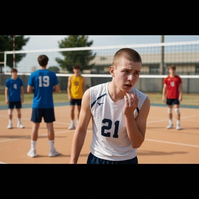 High school volleyball players on the court, one player looking concerned while others are in action, symbolizing the controversy and emotional impact of forfeits, no text, no words, no typography, 8K