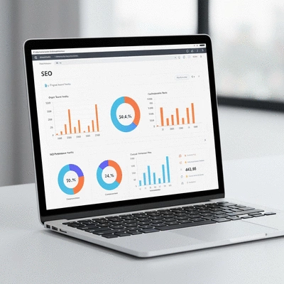 Modern analytics dashboard showing SEO performance metrics, charts, and graphs on a laptop screen, clean image, no text, no words, no typography, no labels