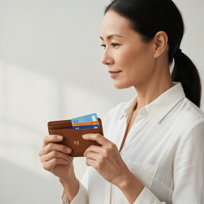 Close-up of a person holding an RFID-blocking wallet, with payment cards partially visible, conveying a sense of security and protection against digital threats, no text, no words, no typography, 8K