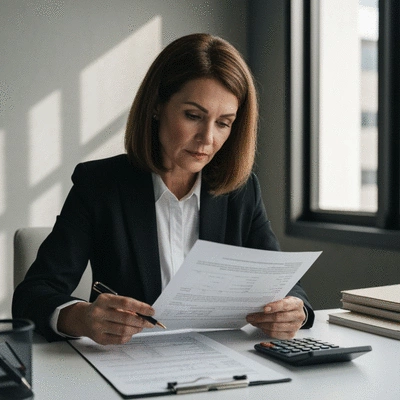 Person carefully reviewing tax documents and financial statements at a desk