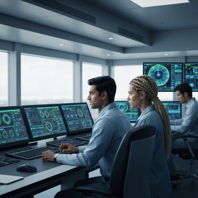 Diverse group of scientists collaborating in a modern space control room, looking at asteroid data on large screens