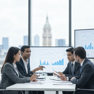 Professional business meeting in a modern office, diverse team discussing investment strategies, subtle London backdrop, no text, no words, no typography, 8K