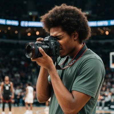 Basketball player VJ Edgecombe in action, scoring a basket during a game, dynamic lighting, professional photography