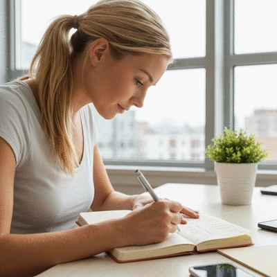 Person writing down realistic goals for health journey in a notebook, focused and determined, bright natural lighting, symbolizing achievable milestones.